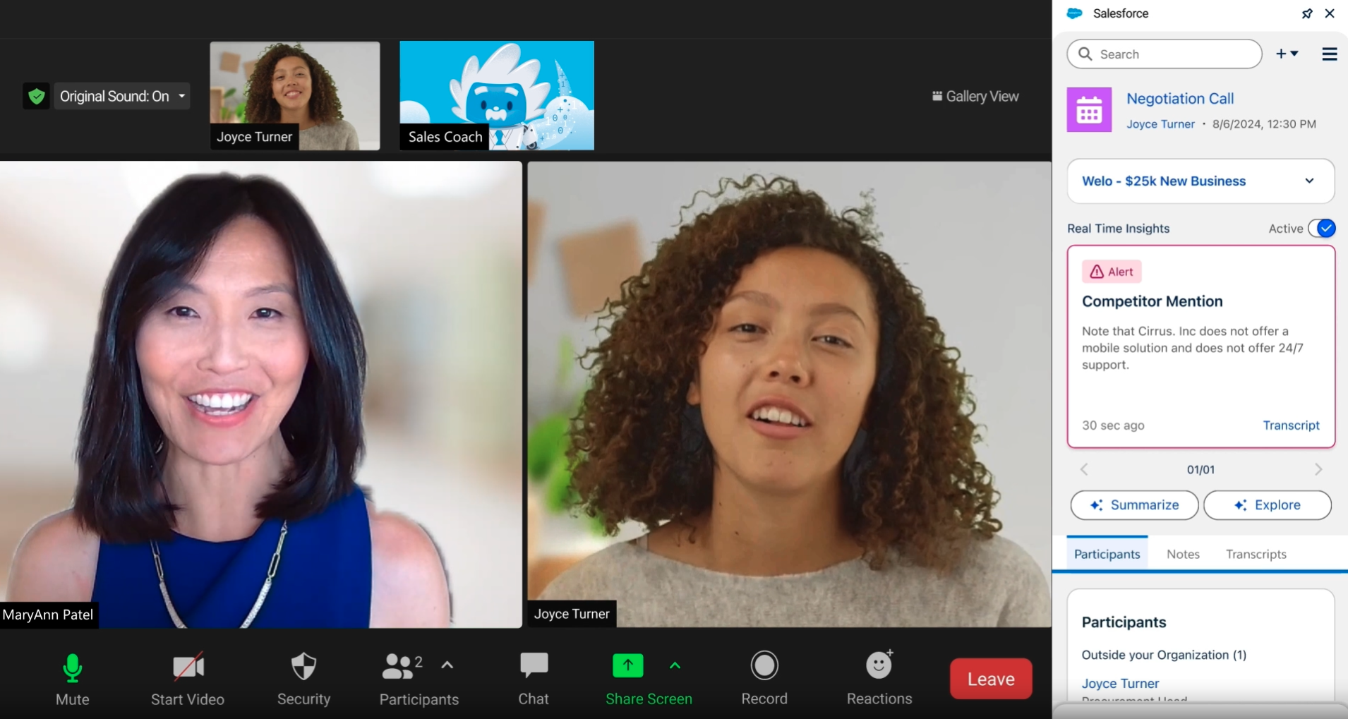 Agentforce Sales Coach 銷售輔導介面與客戶互動
